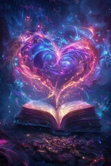 Magical  heart-shaped light effuses from a book, with sparkling embers and a mystical pink backdrop.