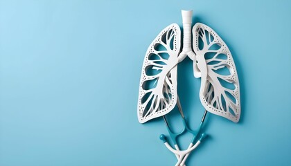 Paper lungs and stethoscope on a light blue background with space for text banner for website created with generative ai.
