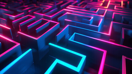 Abstract neon labyrinth frame, guiding through its maze, clean dark design, - obrazy, fototapety, plakaty