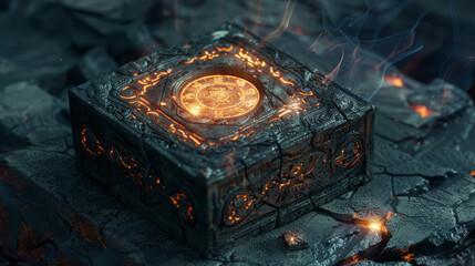 Ancient puzzle box suddenly activating, intricate patterns glowing, - obrazy, fototapety, plakaty