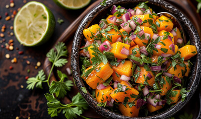 mango salsa salad in a bowl seen from above  - obrazy, fototapety, plakaty