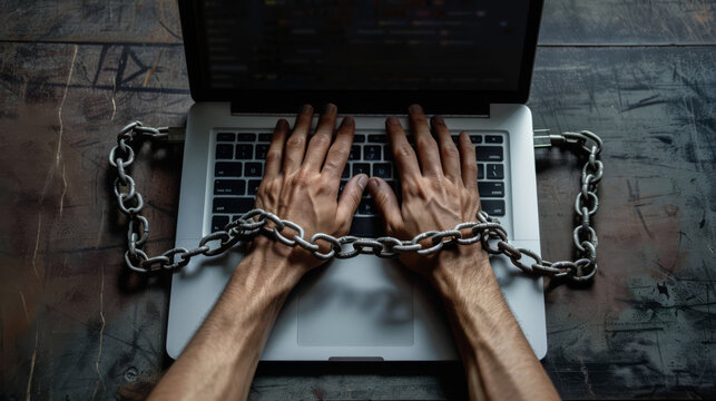 An open laptop with chains binding a worker's wrists to it, illustrating the bondage to work