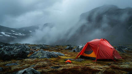 Eerie mist envelops red Hilleberg tent in arctic wilderness. AI generative artwork.