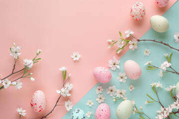 Fototapeta na wymiar Painted pastel color easter eggs on a light blue and pink color background with a place to text. April easter celebration. AI generated. 