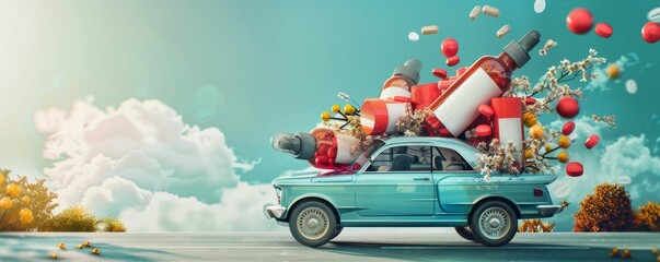 Luxury car carrying giant serum bottles, AHA and vitamins banner ad concept - obrazy, fototapety, plakaty