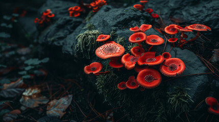 Cluster of bright red poisonous mushrooms on a dark forest floor, documentary,