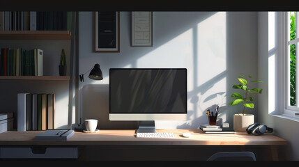Desk with ergonomic setup but overshadowed by gloom, minimalistic,