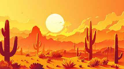 Desert at twilight, cacti and dunes, paper cut style with dramatic shadows and warm colors,