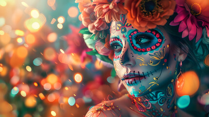 A woman with skull face paint and colorful flowers in her hair. Cinco de mayo. The day of the dead. Halloween