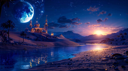Fantasy Oasis with Majestic Palace under Starlit Sky