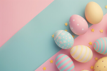 Fototapeta na wymiar Painted pastel color easter eggs on a light blue and pink color background with a place to text. April easter celebration. AI generated. 