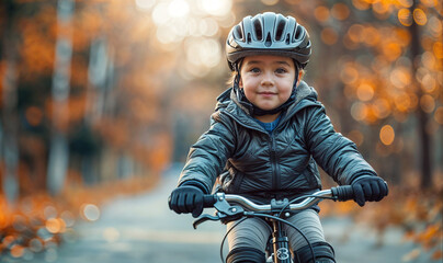 child riding a bike for the first time / learning how to ride in autumn cold weather. he is wearing a helmet and looking at the camera - obrazy, fototapety, plakaty