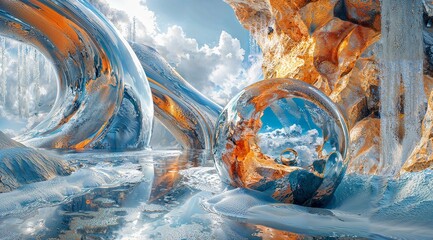 Surreal Icy Landscape with Crystal Spheres and Liquid Metal