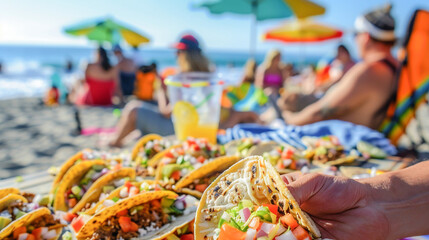Fototapeta na wymiar A delicious taco spread on the beach Mexican food picnic for happy friends on vacation