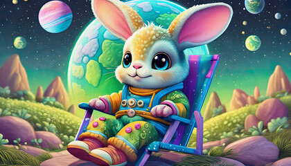 oil painting style  CUTE BABY RABBIT Astronaut sitting in a lawn chair on the moon with earth rising over the horizon