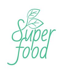 Superfood label - calligraphics with drawn leaves