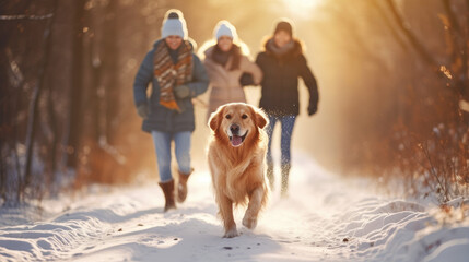Full length portrait of happy couple family walking brown dog in beautiful winter forest at sunrise. Hiking with akita-inu puppy pet concept, Christmas happy family,mother and son walking with dog. - obrazy, fototapety, plakaty