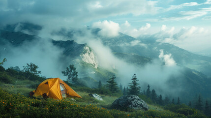 Experience the allure of outdoor exploration with this captivating image of camping equipment nestled amidst clouds and fog in the majestic mountain landscape. AI generative. - obrazy, fototapety, plakaty