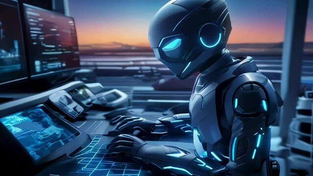 Robot humanoid working on a computer in a dark office. 3d rendering. Futuristic Ai robot CEO sitting at his office chair, AI Generated Free Photo