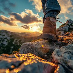 In this captivating shot, witness a hiker's journey uphill against a backdrop of clear blue skies. His foot, in close-up, highlights the determination and adventure. AI generative.