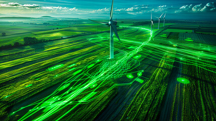 Wind turbines in nature, green technology and renewable energy in landscape - obrazy, fototapety, plakaty