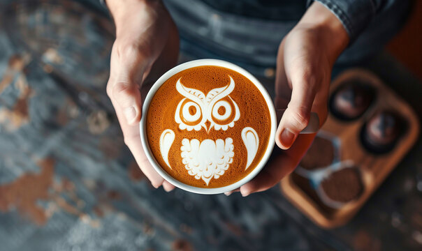 closeup of a coffee latte art of an owl seen from above in the cafe wallpaper cappuccino art