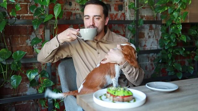 A man drinks coffee and pets his dog while sitting in a cafe. dog friendly establishments