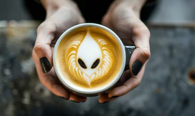 Foto op Plexiglas closeup of a coffee latte art of an alien seen from above in the cafe wallpaper cappuccino art © Deea Journey 