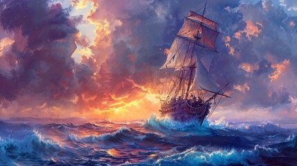 Sailing Ship Braving the Stormy Sea at Sunset. - obrazy, fototapety, plakaty