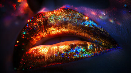 beautiful female lip makeup with neon glow.