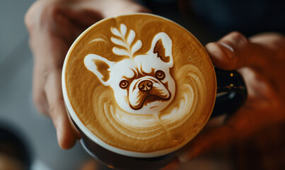 closeup of a coffee latte art of a pug/ franchise / bulldog  seen from above in the cafe wallpaper cappuccino art - obrazy, fototapety, plakaty