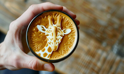 closeup of a coffee latte art of a giraffe seen from above in the cafe wallpaper cappuccino art - obrazy, fototapety, plakaty