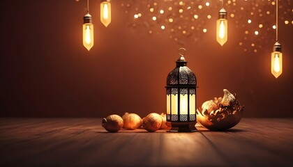 An Islamic lantern with a blurred mosque in the background for Al Fitr and Adha eid