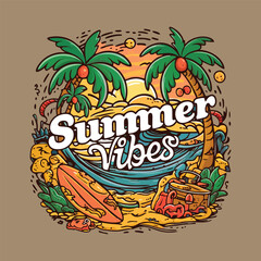 Obraz premium illustration of a cool and trendy summer cartoon for printing on a t-shirt. Perfect for t-shirts, sticker, apparel and other merchandise vector illustration. summer vibes typography style