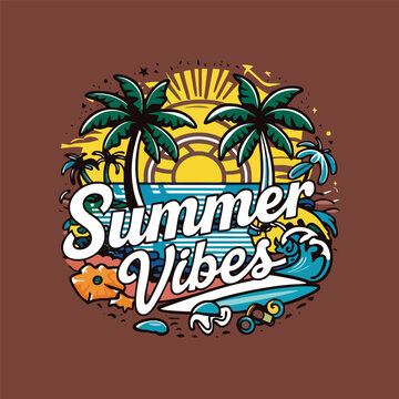 illustration of a cool and trendy summer cartoon for printing on a t-shirt. Perfect for t-shirts, sticker, apparel and other merchandise vector illustration. summer vibes typography style