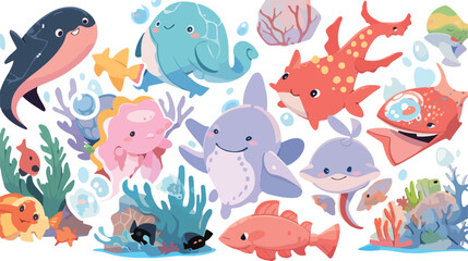 Children have fun stickers with sea animals. Who li - obrazy, fototapety, plakaty