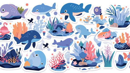 Children have fun stickers with sea animals. Who li - obrazy, fototapety, plakaty