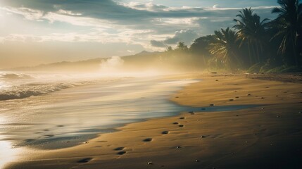 Misty golden sunrise over a tranquil beach with palm trees, creating a dreamy summer vacation backdrop.