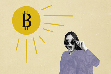 Composite photo collage of astonished woman hand tip sunglass sun emblem bitcoin trader miner...