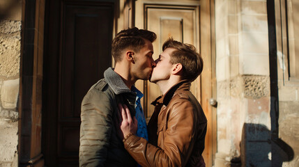 Romantic gay couple kissing