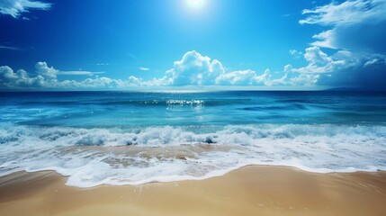 Serene beach scene with gentle waves, fluffy clouds, and clear blue skies, perfect for a summer retreat.