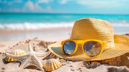 Summer beach essentials, straw hat, sunglasses, starfish, seashells, tropical vacation, sunny day.