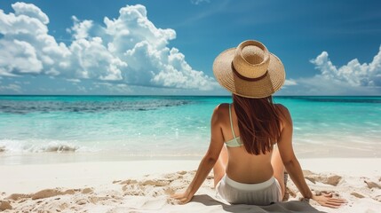 Woman in sunhat enjoying tropical beach, azure water, summer getaway, peaceful vacation scene.