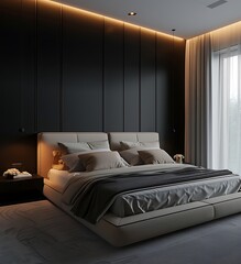 Modern bedroom interior design, bed with soft headboard and beige fabric cover, black wall panels, decorative lights on the ceiling, gray carpet flooring, window with white curtains