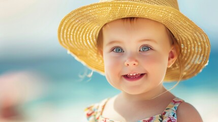 Adorable baby in sunhat, joyful infant on summer day, beach vacation, cute toddler, sunny childhood.