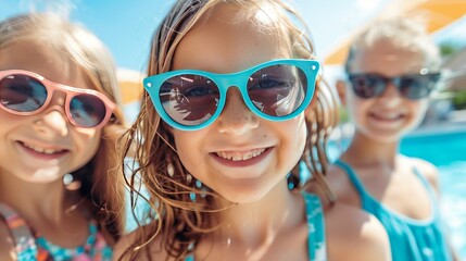 Joyful children in sunglasses, summer fun, beach day, happy little girls, holiday laughter.