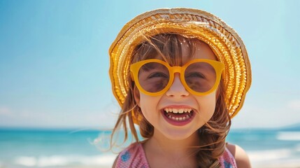 Joyful child in sunhat and sunglasses, summer fun, beach day, happy little girl, holiday laughter.