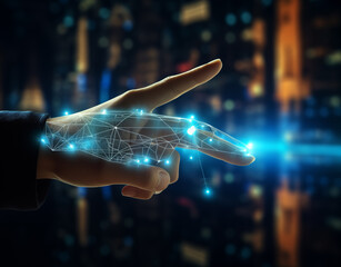Digital technology, internet network connection concept. Finger touching on virtual screen with futuristic technology background, data exchange, digital transformation