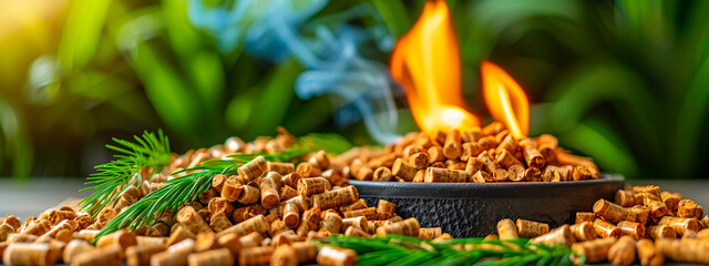 Fototapeta premium Wood pellets in stove, renewable energy source for eco-friendly heating