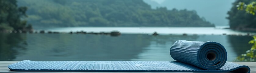 Serene Yoga Mat by Peaceful Lake with Mountain Backdrop Representing Wellness and Mindfulness